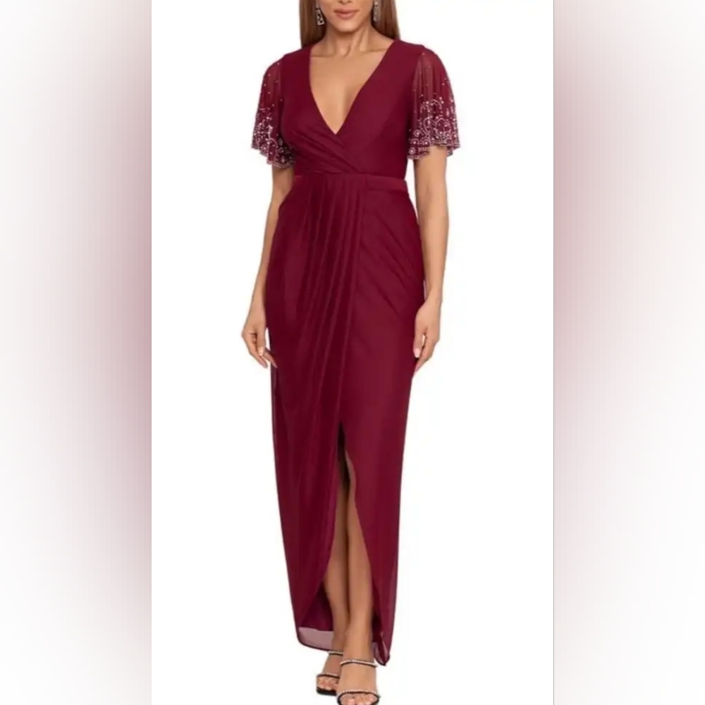 BETSY & ADAM Women's Embellished-Sleeve Tulip-Skirt Gown size 12